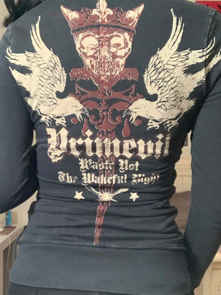 Women s Spring Autumn Casual Bandage Hoodie Long Sleeve Pattern Print Zipper Outerwear - Image 2