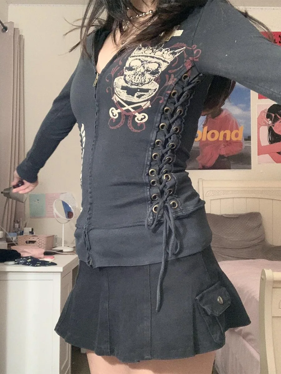 Women s Spring Autumn Casual Bandage Hoodie Long Sleeve Pattern Print Zipper Outerwear - Image 4