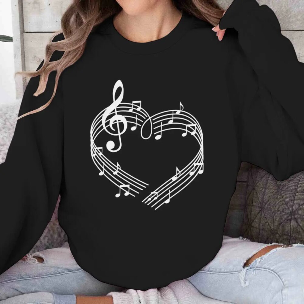 Women's Clothing Music Note & Heart Graphic Sweatshirts Harajuku Fashion Long Sleeve Top Music Note Hip Hop Women Sweatshirt