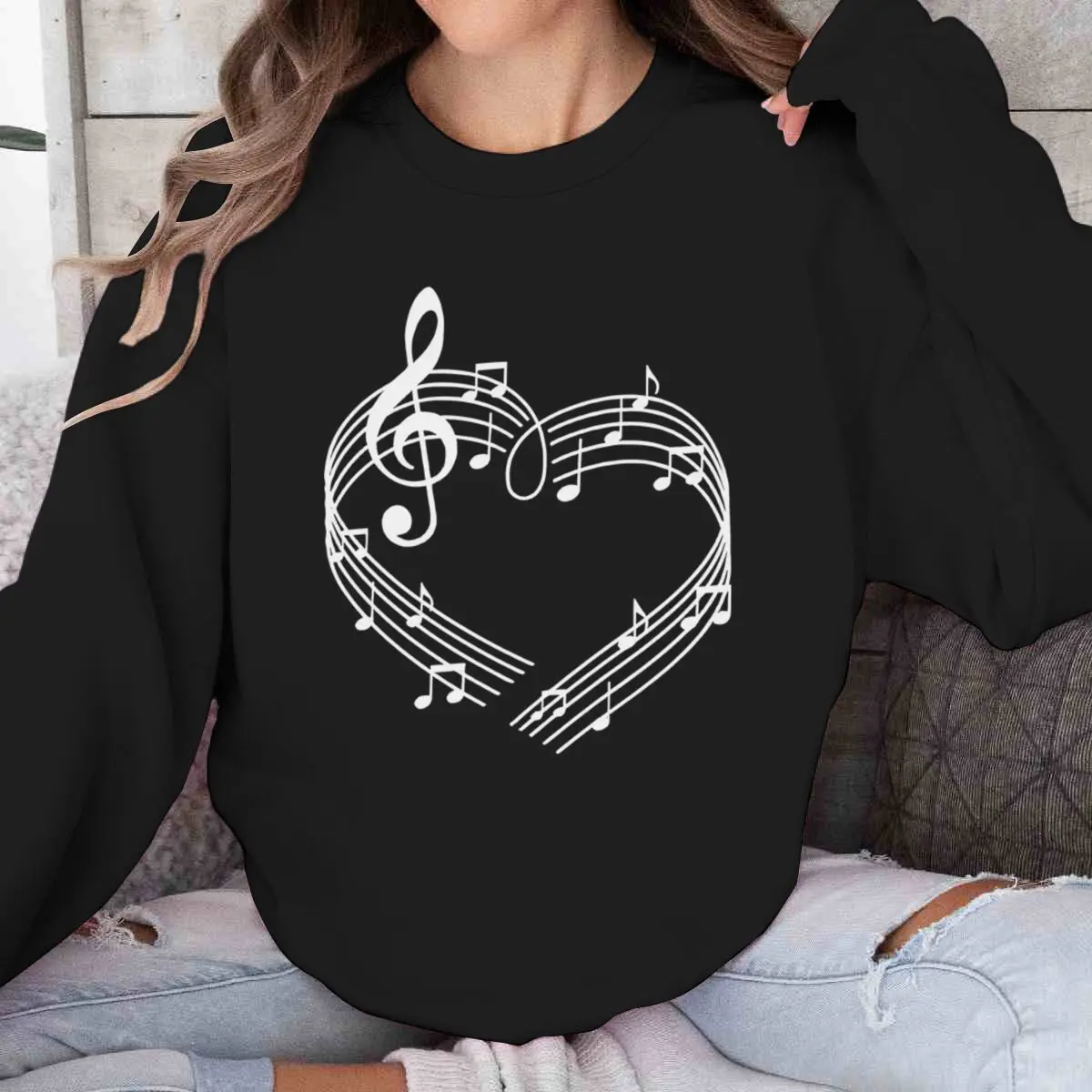 Women's Clothing Music Note & Heart Graphic Sweatshirts Harajuku Fashion Long Sleeve Top Music Note Hip Hop Women Sweatshirt