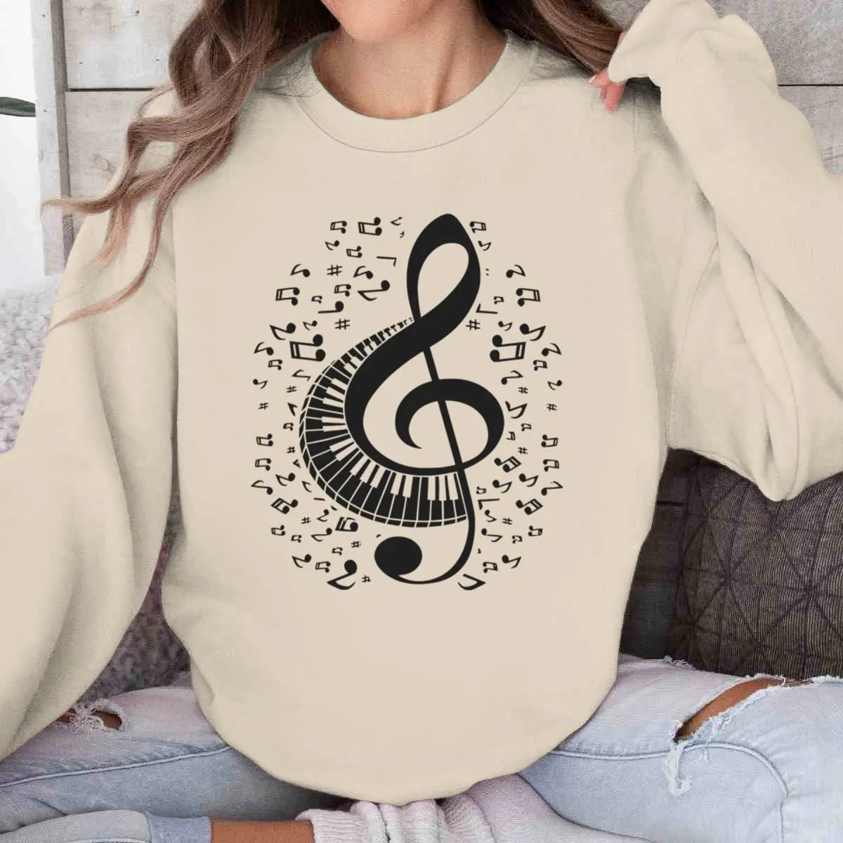 Music Note & Headphone Graphic Sweatshirts for Women Music Note Print Long Sleeve Tops Harajuku Fashion Hip Hop Sportswear - Image 4