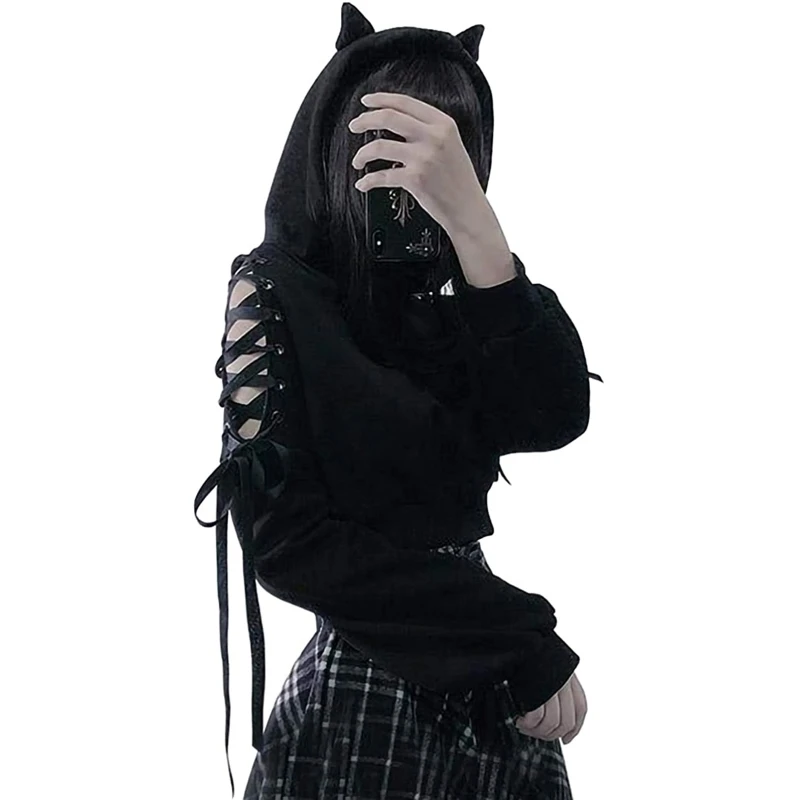 Y2k Gothic Womens Hoodie Cat Ear Crop Top Hooded Sweatshirt Hollow Out Lace Up Long Sleeve Hodded Casual Pullover Autumn - Image 6