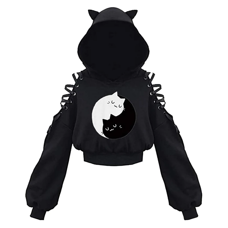 Y2k Gothic Womens Hoodie Cat Ear Crop Top Hooded Sweatshirt Hollow Out Lace Up Long Sleeve Hodded Casual Pullover Autumn - Image 3