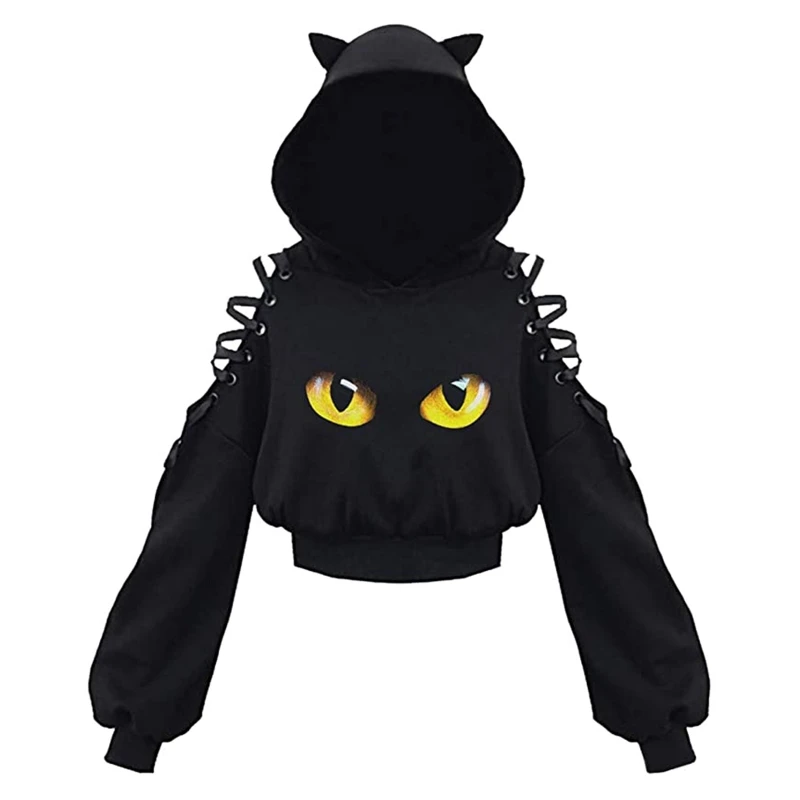 Y2k Gothic Womens Hoodie Cat Ear Crop Top Hooded Sweatshirt Hollow Out Lace Up Long Sleeve Hodded Casual Pullover Autumn - Image 4