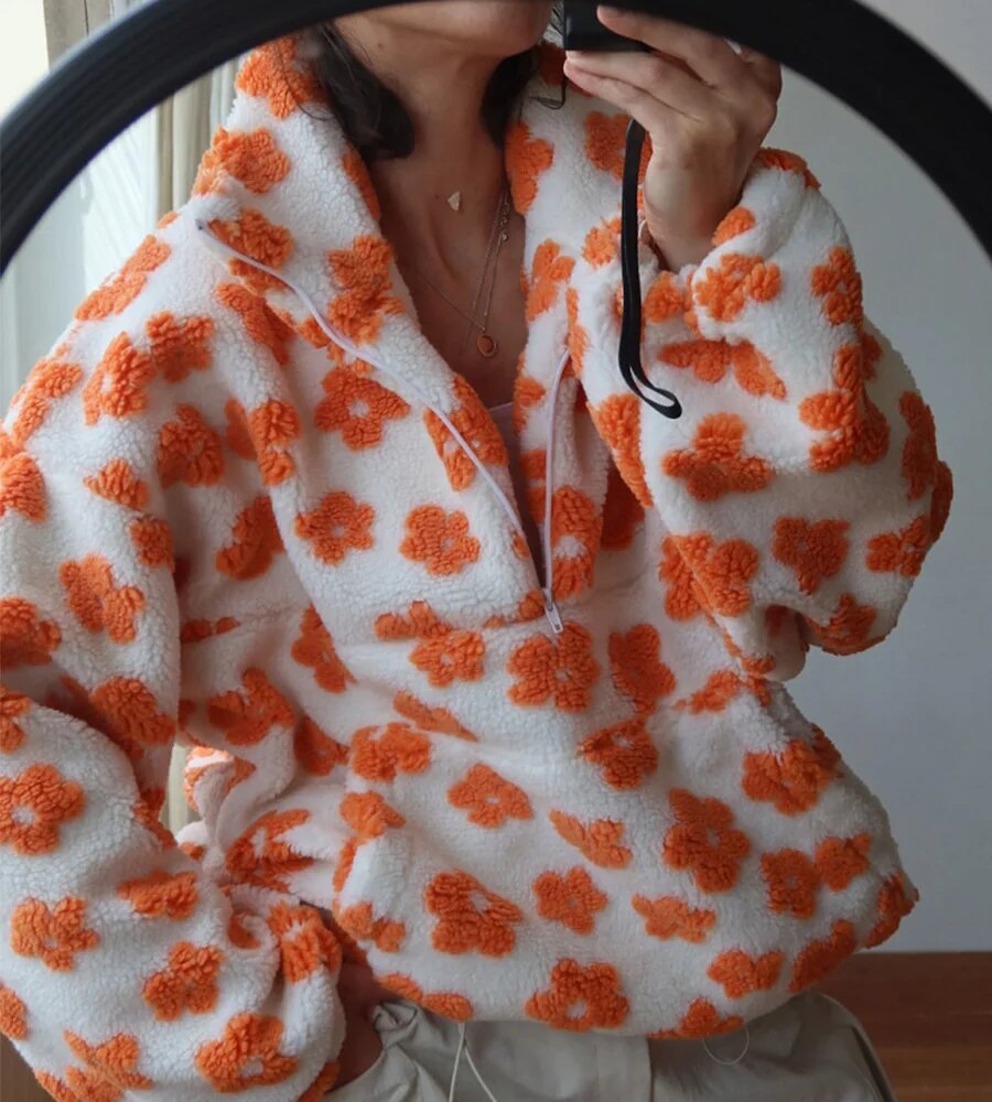 Bornladies New Autumn Winter Women's Sherpa Floral Pullover Hoodies Half Zip Style Loose Fit Warm Stylish Sweatshirt