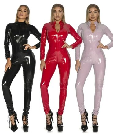 Shiny Patent Latex Bodysuit Women Latex Catsuit Black Wetlook Full Bodysuit PVC Jumpsuit Clubwear Faux Leather Costume