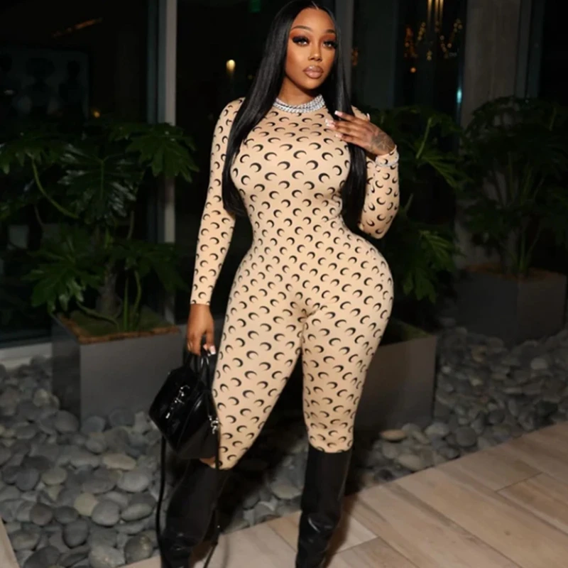 Moon Print Jumpsuit Women Tight Fitting Leggings Long Sleeve Round Neck Slim Fit American Retro Style Autumn New