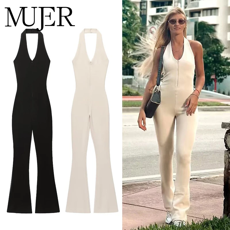 MUJER 2025 Long Jumpsuit Woman Flared Fitness Jumpsuits for Women Black Summer Woman Jumpsuit Sleeveless Backless Overalls