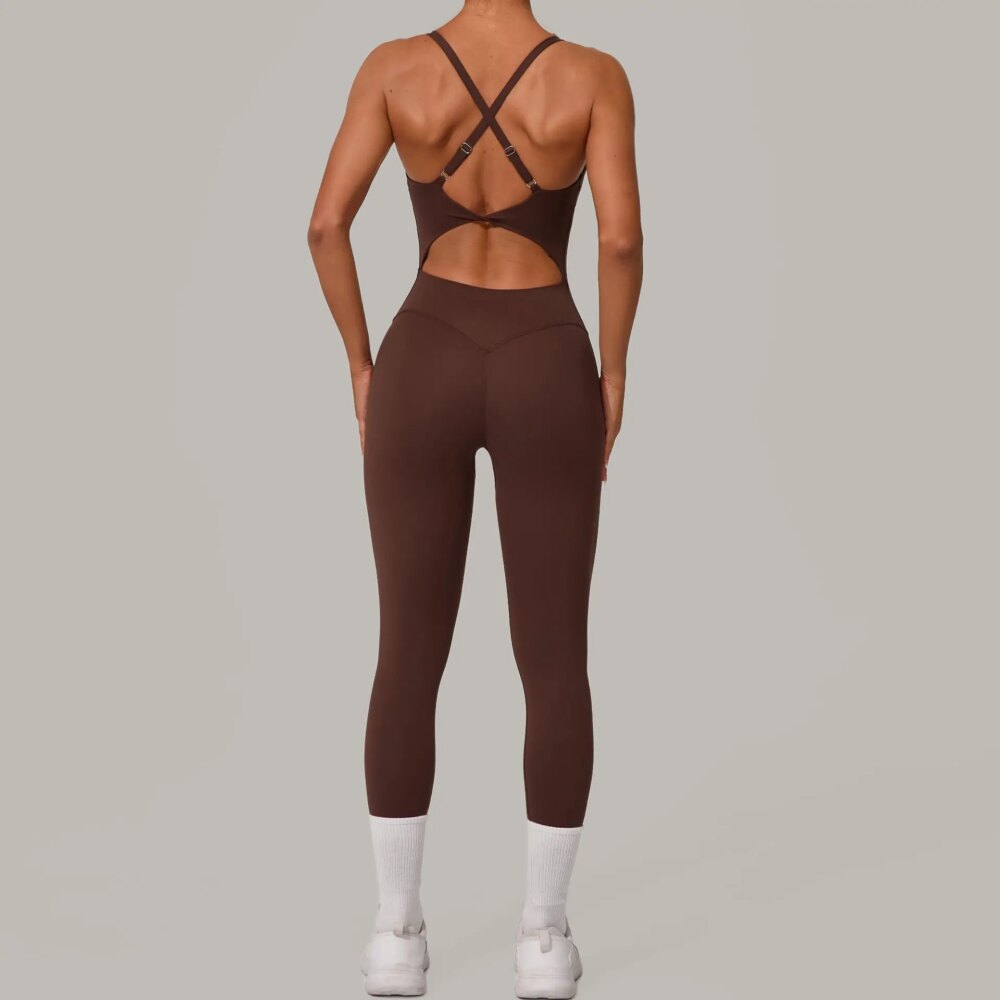 Hollow Cross Backless Sporty Tight Jumpsuit Woman Sportswear Summer One Pieces Outfit Gym Fitness Overalls Yoga Jump Suit