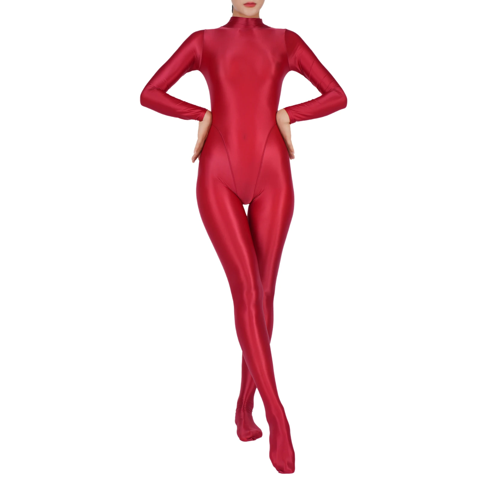 Women Glossy Full Body Jumpsuit Gym Yoga Tights Rompers Mock Neck Long Sleeve Footed One Piece Jumpsuit Clubwear Sportwear - Image 3