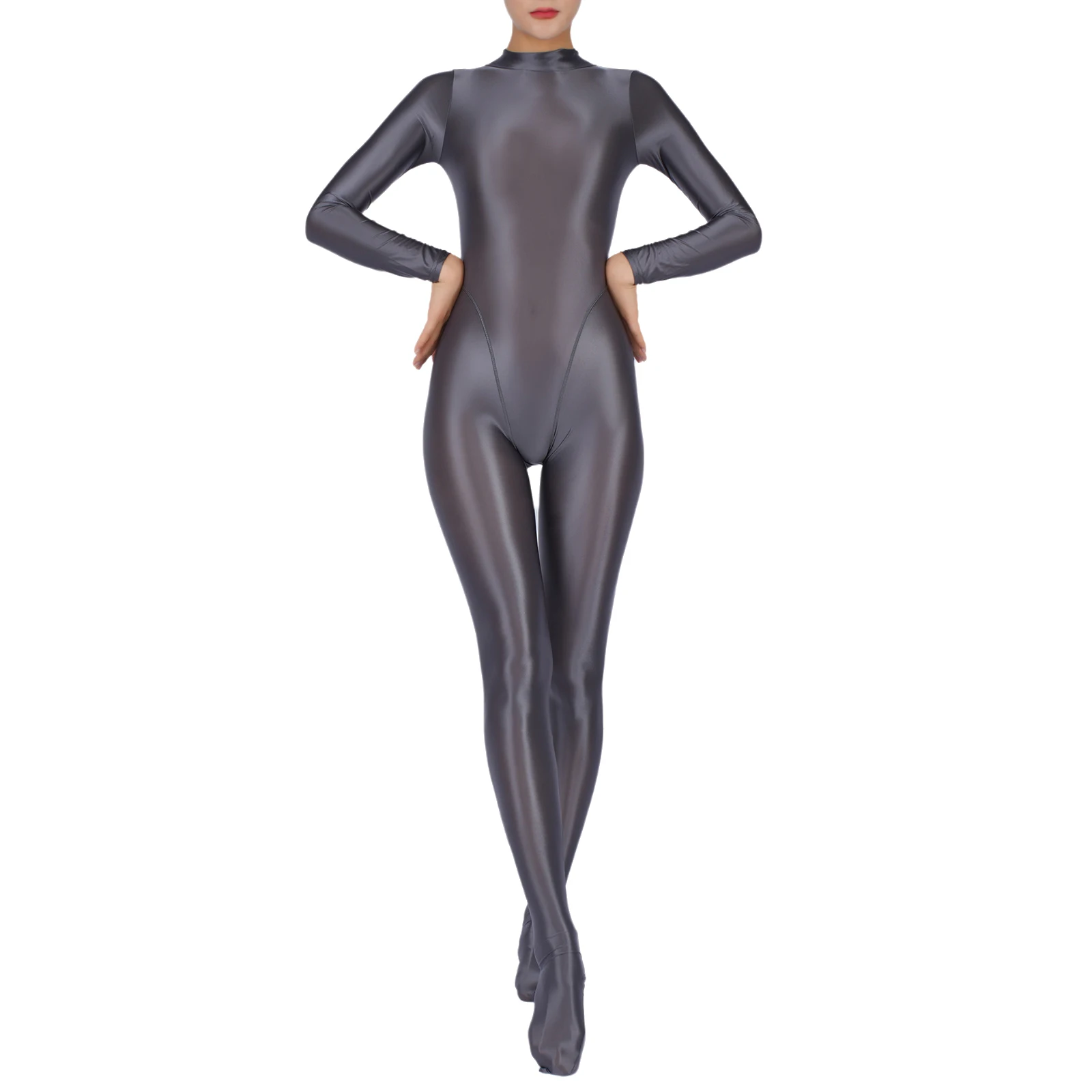 Women Glossy Full Body Jumpsuit Gym Yoga Tights Rompers Mock Neck Long Sleeve Footed One Piece Jumpsuit Clubwear Sportwear - Image 4