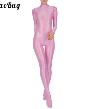 Women Glossy Full Body Jumpsuit Gym Yoga Tights Rompers Mock Neck Long Sleeve Footed One Piece Jumpsuit Clubwear Sportwear
