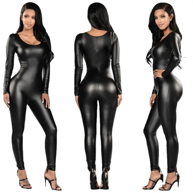 Women Jumpsuit Patent Leather Black Long Sleeve Jumpsuit Female Uniform Bodysuit - Image 5