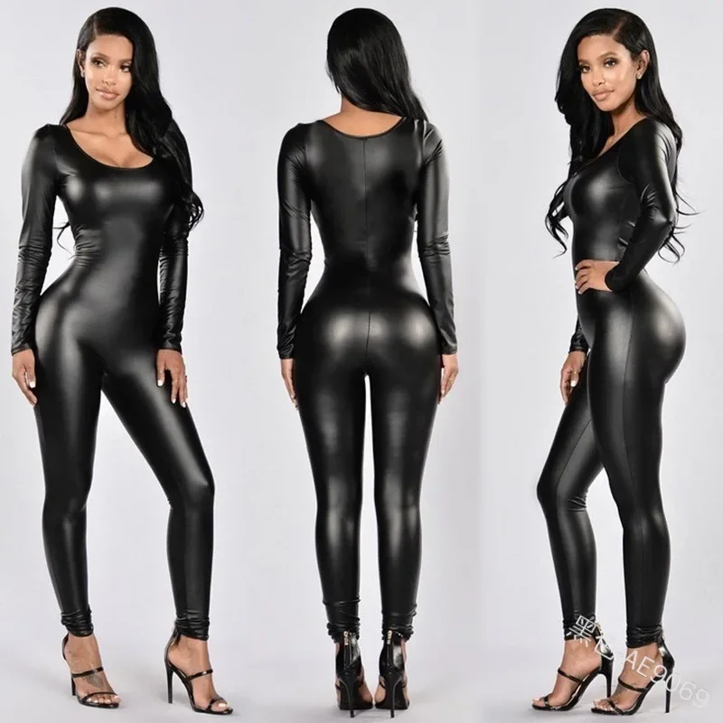 Women Jumpsuit Patent Leather Black Long Sleeve Jumpsuit Female Uniform Bodysuit