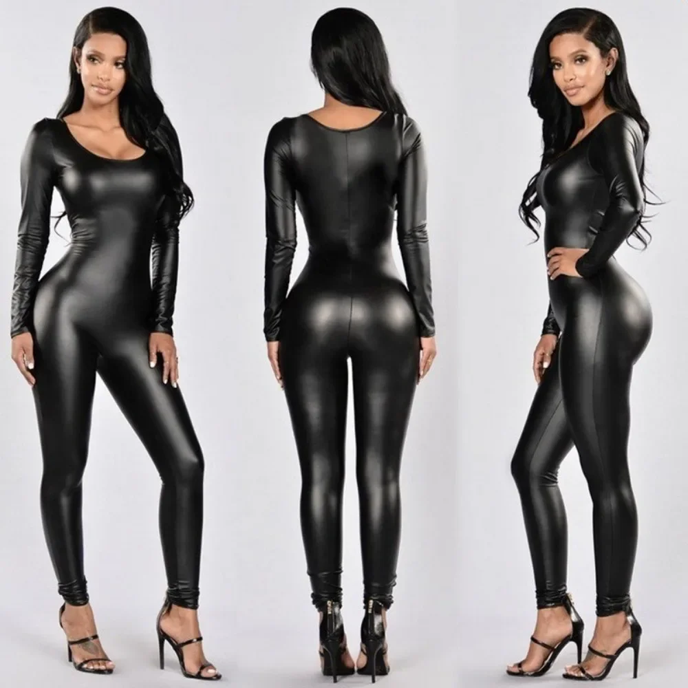 Women Jumpsuit Patent Leather Black Long Sleeve Jumpsuit Female Uniform Bodysuit - Image 4