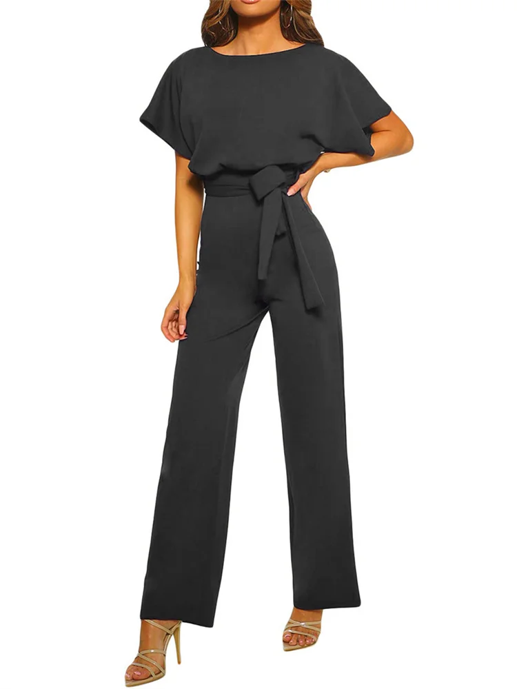 Women Jumpsuits Elegant Solid Color Flare Short Sleeve Waist Tie Wide Leg Pants Romper Summer Streetwear - Image 3