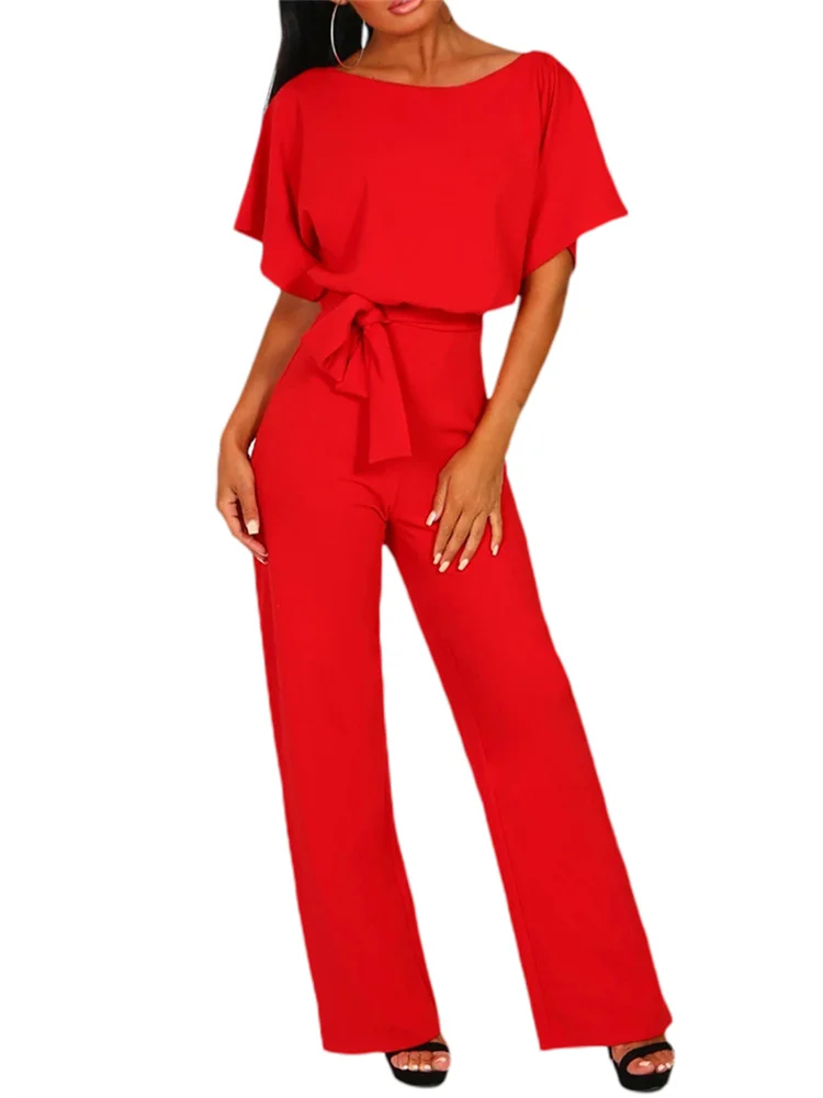 Women Jumpsuits Elegant Solid Color Flare Short Sleeve Waist Tie Wide Leg Pants Romper Summer Streetwear - Image 6