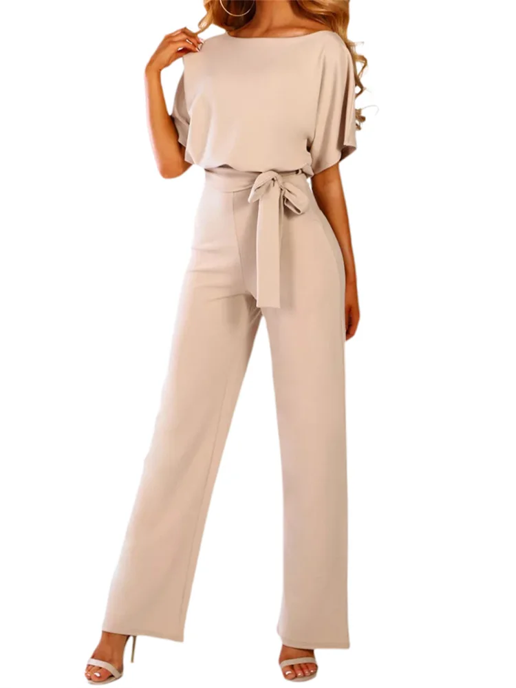 Women Jumpsuits Elegant Solid Color Flare Short Sleeve Waist Tie Wide Leg Pants Romper Summer Streetwear
