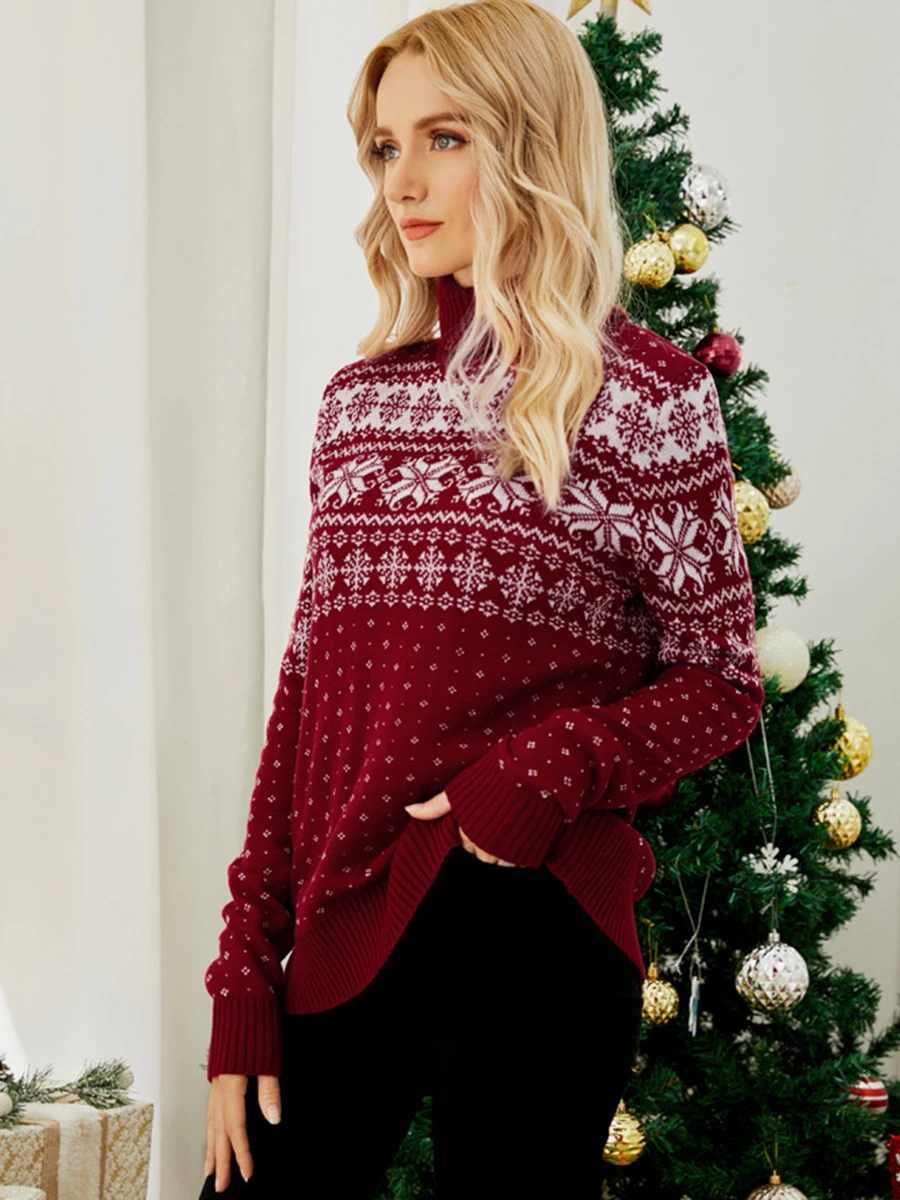 Women s Christmas Snowflake Knitted Sweater Long Sleeve High-neck Print Christmas Pullover Knitwear - Image 4