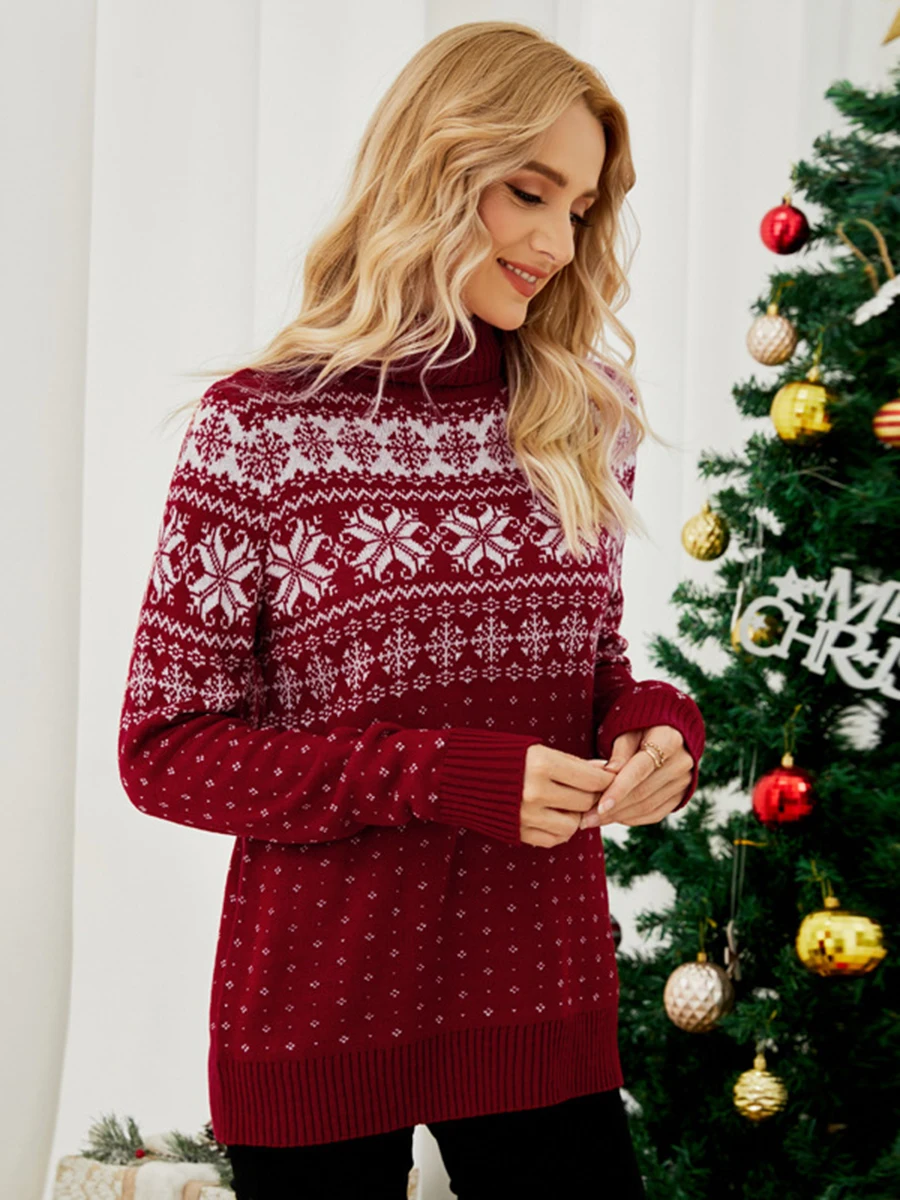 Women s Christmas Snowflake Knitted Sweater Long Sleeve High-neck Print Christmas Pullover Knitwear - Image 3