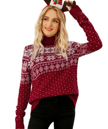 Women s Christmas Snowflake Knitted Sweater Long Sleeve High-neck Print Christmas Pullover Knitwear