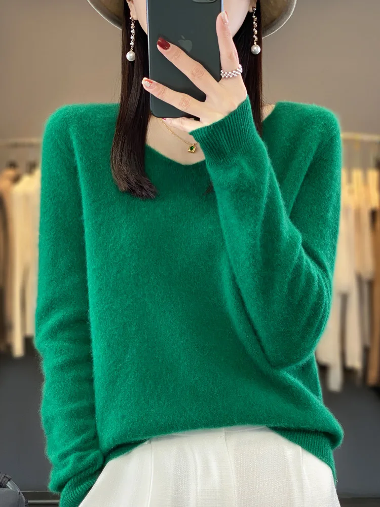 Fashion100% Merino Wool Sweater Cashmere Pullover Women Knitwear V-Neck Long Sleeve Autumn Winter Fashion Basic Clothing Tops - Image 6