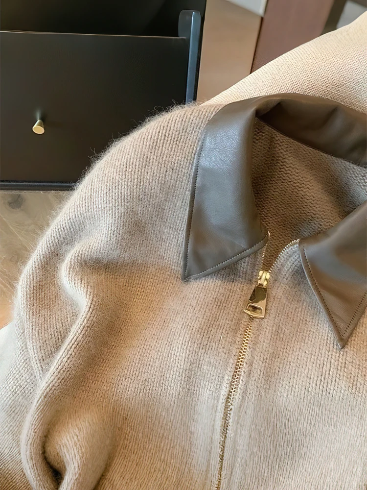 Patchwork Zipper Cropped Cardigan Women 400g Thick Autumn Knitted Sweater Bomber Jacket Vintage 2000s Short Fitted Knitwear Coat - Image 3