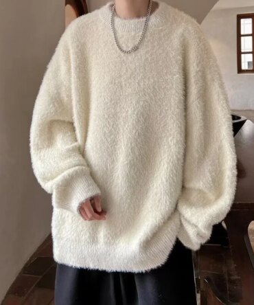 Autumn Men's Solid Fluffy Knitted Sweaters New Korean Fashion Loose Warm Pullovers Winter Couples Y2K Vintage Knitwear Jumpers