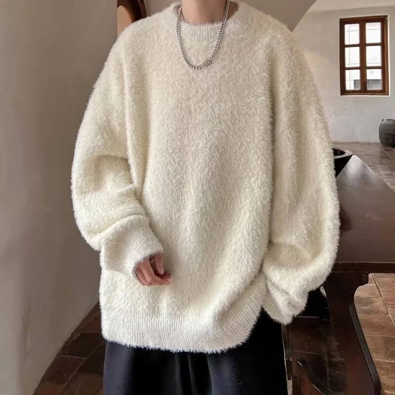 Autumn Men's Solid Fluffy Knitted Sweaters New Korean Fashion Loose Warm Pullovers Winter Couples Y2K Vintage Knitwear Jumpers
