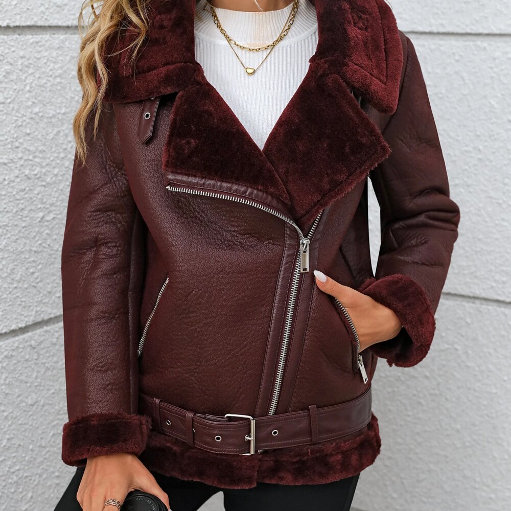 Fitaylor Winter Women Faux Fur Leather Jacket Casual Lady Thick Warm Leather Coat High Street Motorcycle Outwear