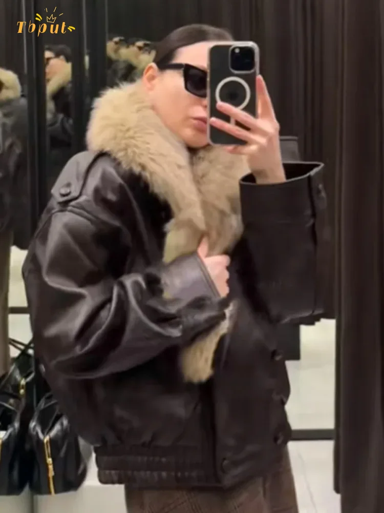 Vintage Fur Collar Leather Jacket Women Lapel V-neck Full Sleeve Double Breasted Bomber Jackets Lady Winter High Street Outwear