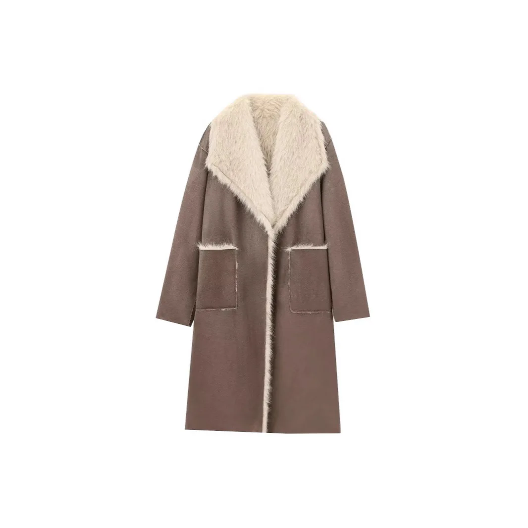 Vintage Fur Leather Long Jackets Women Casual Lapel Big Pockets Thicken Warm Coats Female 2024 Winter Chic Loose Outwears Lady - Image 3