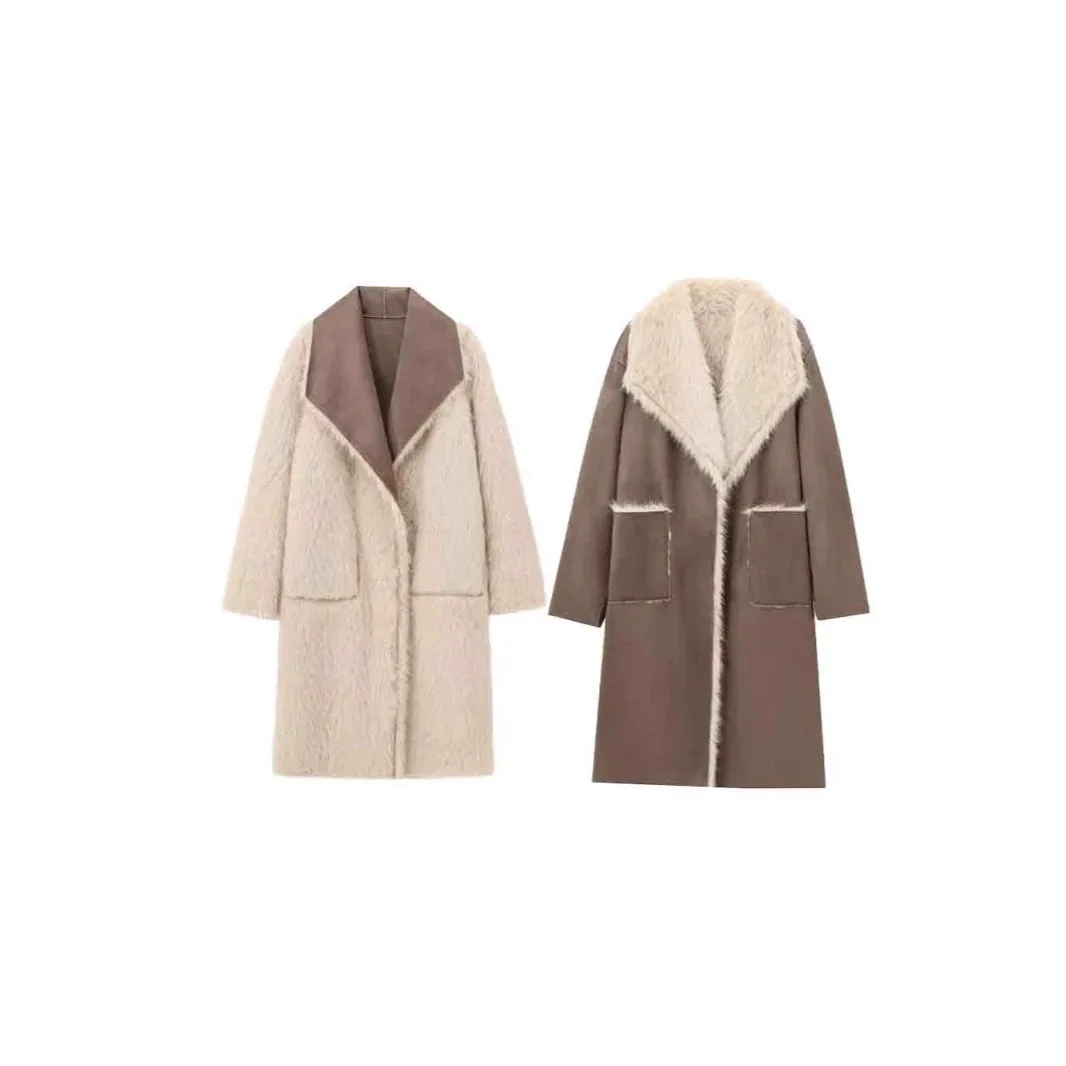 Vintage Fur Leather Long Jackets Women Casual Lapel Big Pockets Thicken Warm Coats Female 2024 Winter Chic Loose Outwears Lady - Image 2