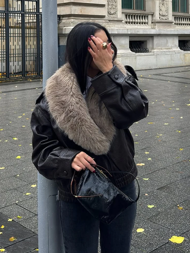 Brown Faux Fur Collar Leather Jacket Women Oversize Design Long Sleeve Coat 2025 Fashion Luxurious Versatile Bomber Outerwear - Image 6