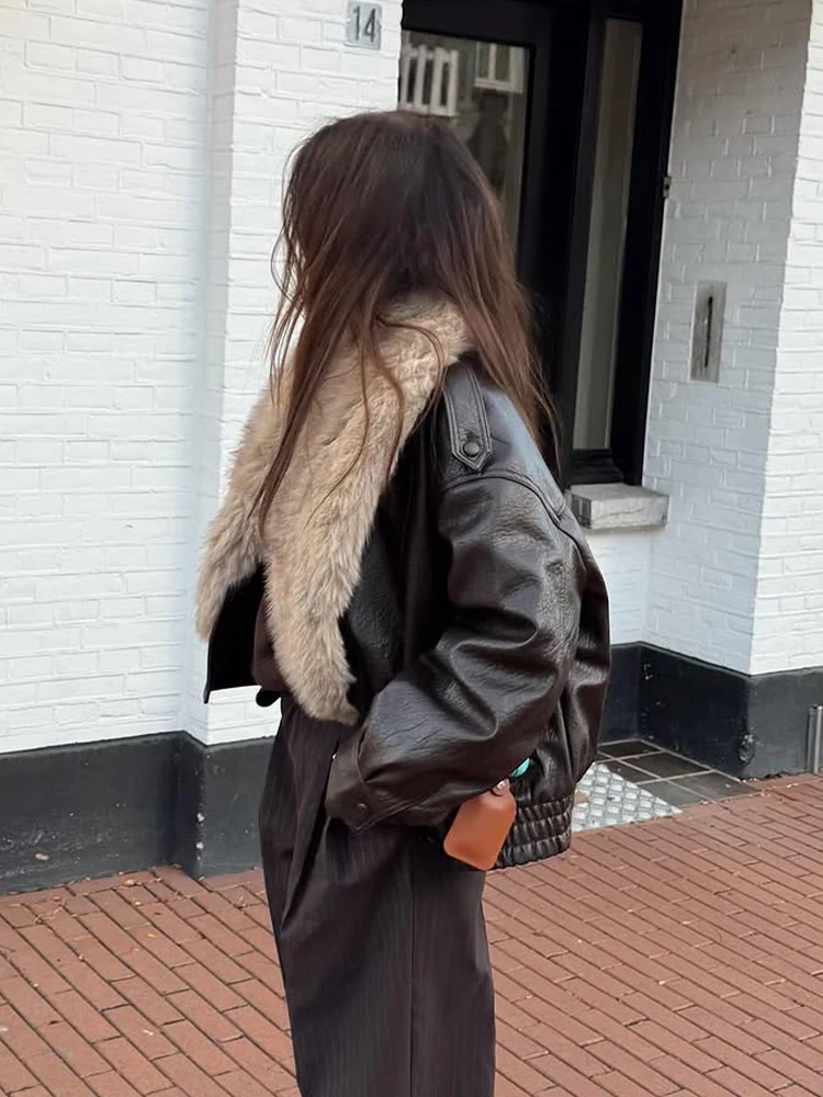 Brown Faux Fur Collar Leather Jacket Women Oversize Design Long Sleeve Coat 2025 Fashion Luxurious Versatile Bomber Outerwear - Image 5