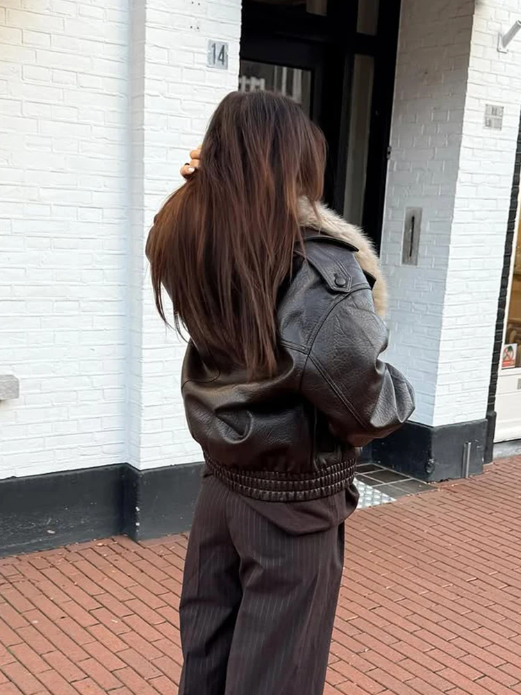 Brown Faux Fur Collar Leather Jacket Women Oversize Design Long Sleeve Coat 2025 Fashion Luxurious Versatile Bomber Outerwear - Image 3