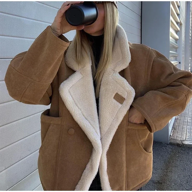 Vintage Faux Leather Warm Coat Thick Fluffy Splicing Big Lapel Coats Female Long Sleeve Outerwear Winter Lady Street Jackets