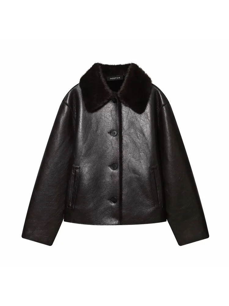 Women 2025 Winter New Reversible Plush Faux Leather Jackets For Blends Thick Winter Office Turn-down Collar Coat Chic Outerwear