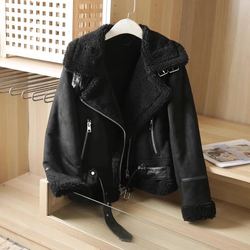 2025 Winter Women Thick Warm Suede Lamb Jacket Short Motorcycle Brown Coats Faux Shearling Sheepskin Leather Jackets Outwear - Image 4