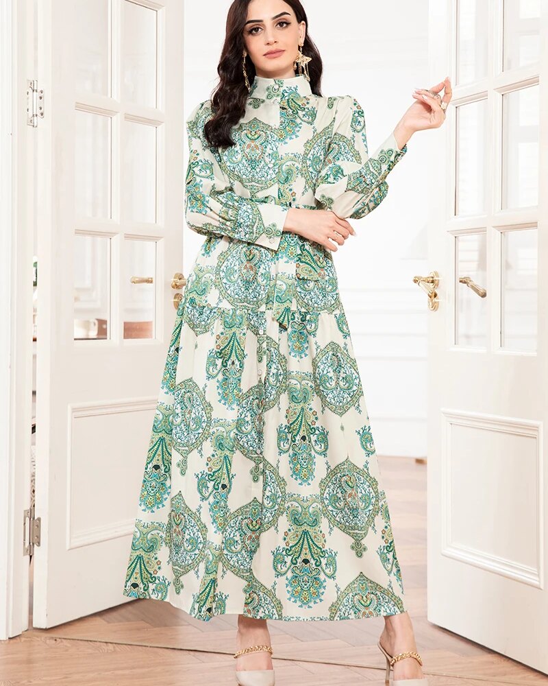 Elegant style High collar Flowers Belt Shirt sleeve Mid Long Dresses Mint green Dresses