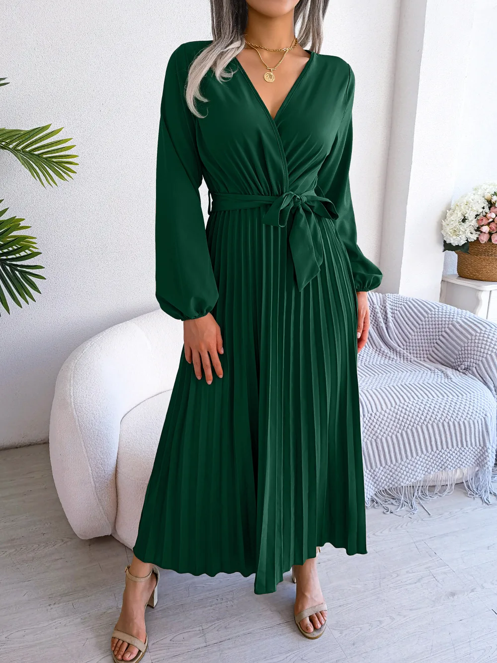 Women Elegant V Neck Long Sleeve Pleated Maxi Dress - Image 5