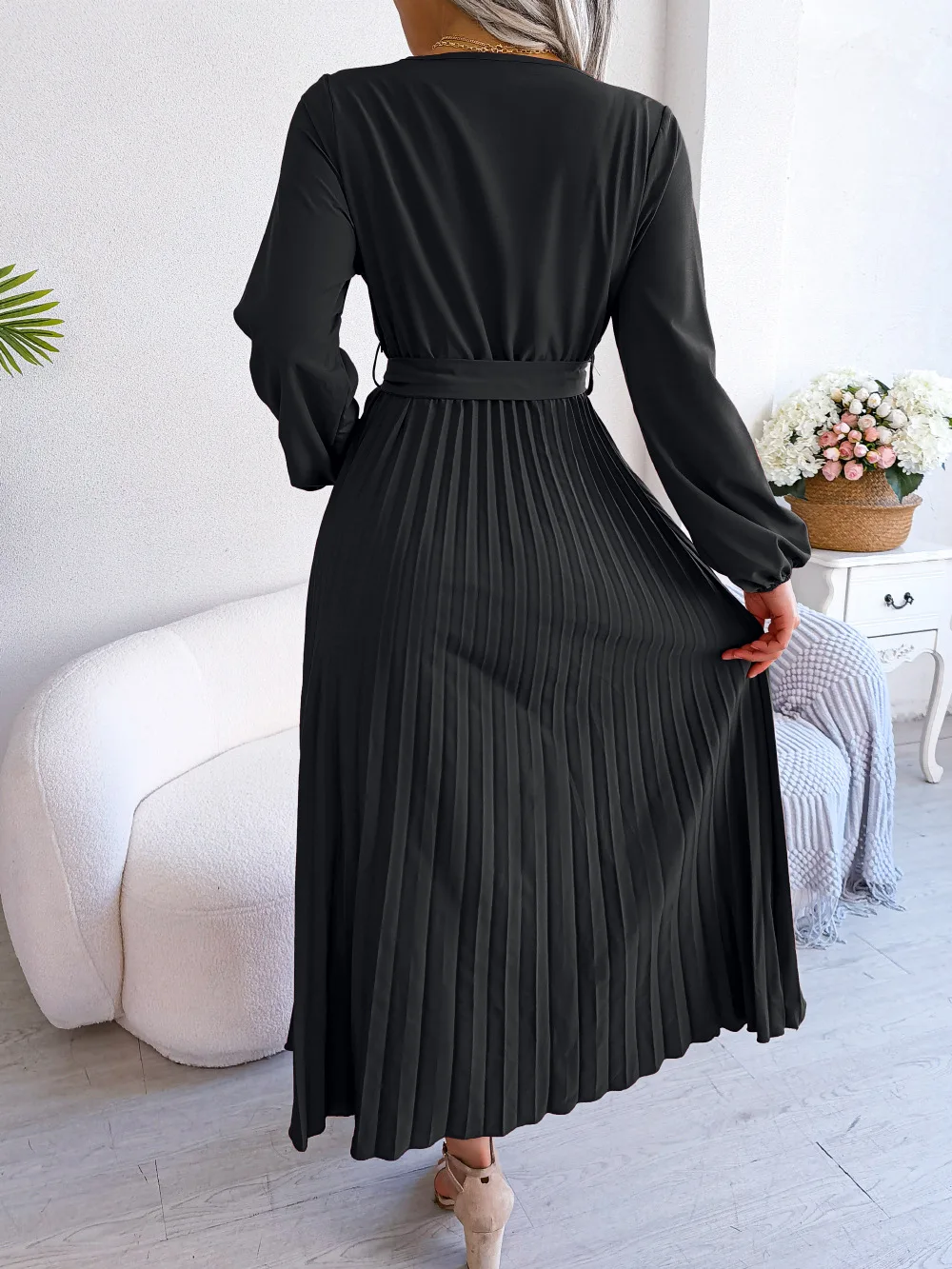 Women Elegant V Neck Long Sleeve Pleated Maxi Dress - Image 6
