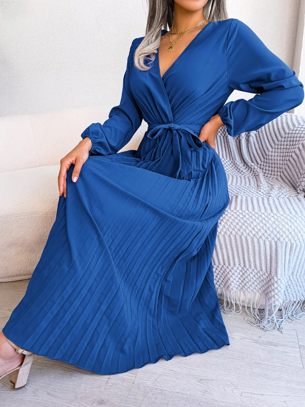 Women Elegant V Neck Long Sleeve Pleated Maxi Dress - Image 3