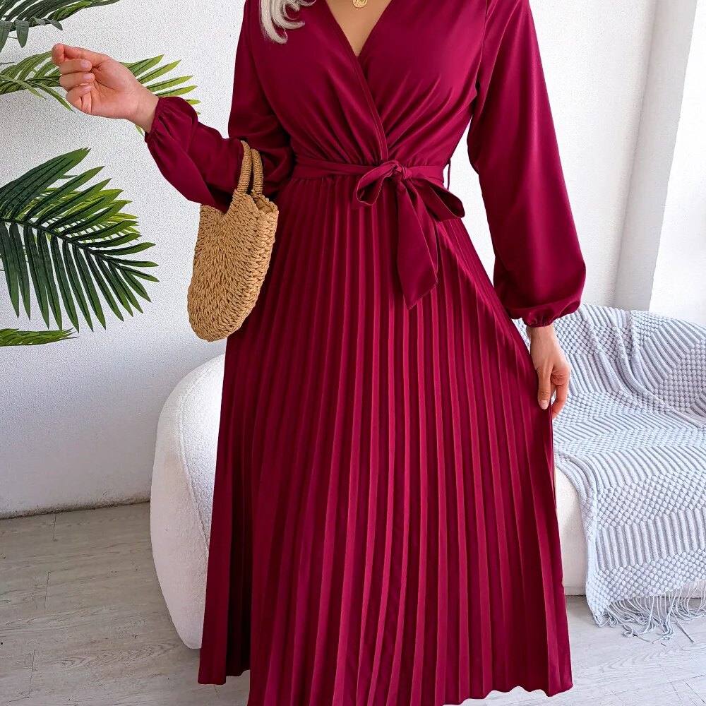 Women Elegant V Neck Long Sleeve Pleated Maxi Dress