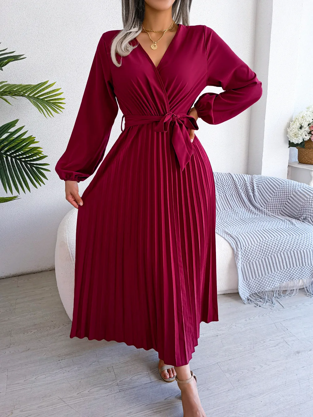 Women Elegant V Neck Long Sleeve Pleated Maxi Dress - Image 2