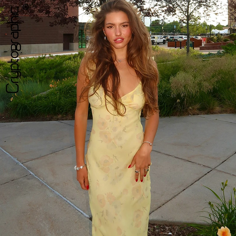 Cryptographic Summer Floral Print Plunge Maxi Dress Outfits Backless Fairy Sun Dresses Vacation Beachwear Vestido Coquette