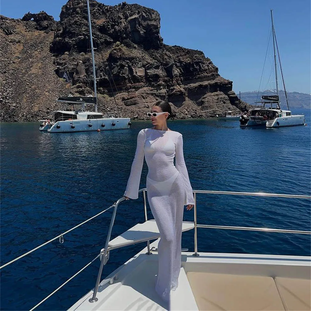 Fashion Women Wrapped Dress Long Sleeve Round Neck See Through Sunscreen Solid Color Backless Beach Long Dress Summer Cover Up - Image 3