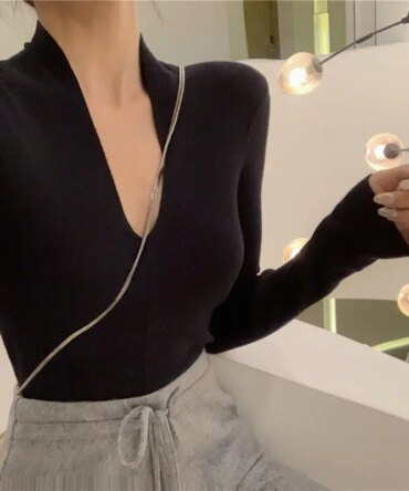 Deep V Neck Solid Slim Tops Tees Spring Autumn New Long Sleeve Simplicity Fashion T Shirts Temperament Trend Women Clothing