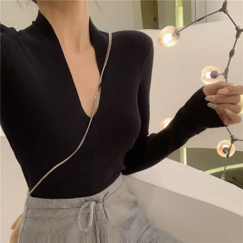 Deep V Neck Solid Slim Tops Tees Spring Autumn New Long Sleeve Simplicity Fashion T Shirts Temperament Trend Women Clothing