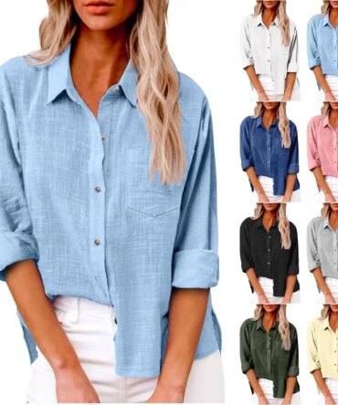 Cotton Linen Long Sleeve Shirts for Women T Shirt Solid Fashion T-Shirt Woman Clothes Tshirt Elegant Casual Tops Tees Streetwear